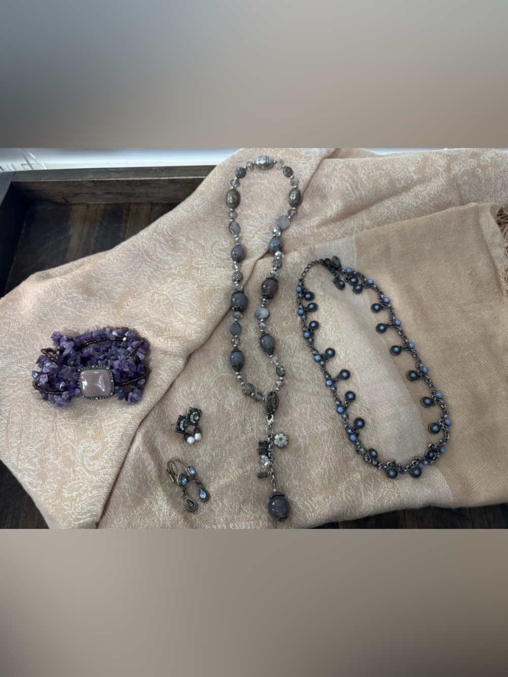 Boho Amethyst & Gunmetal Jewelry Lot - Chunky Chip Bracelet & Fringe Necklace